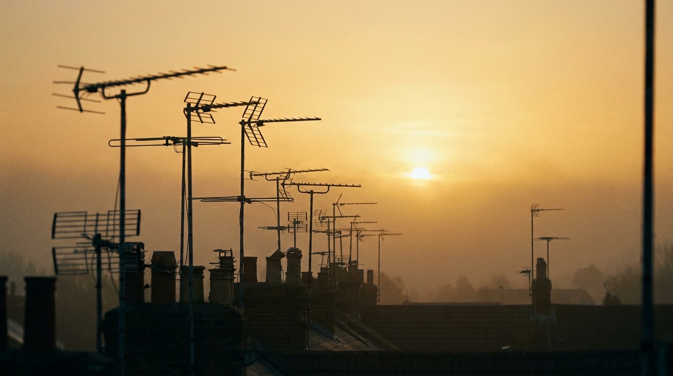 Antennes de toit au coucher du soleil